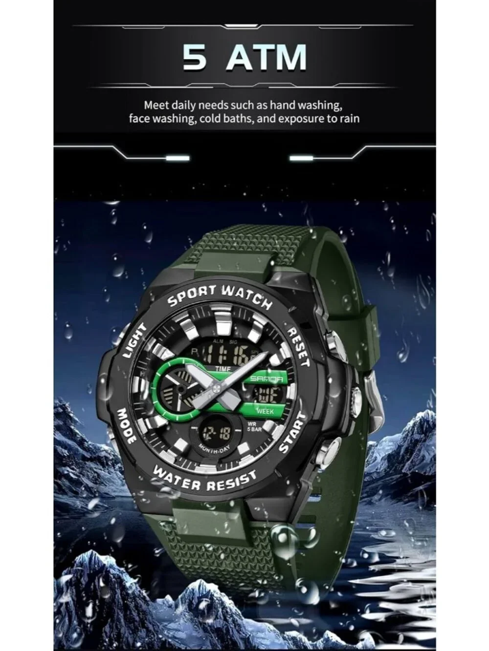 Men's Green White Analog Quartz Electronic Military Multifunction Digital Watch